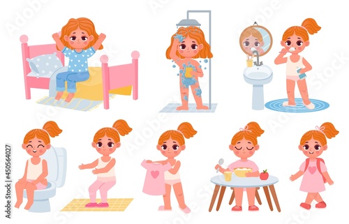 Cartoon little kid girl home daily routine. Cute child dress, shower, eat breakfast and exercise. Children morning healthy habits vector set