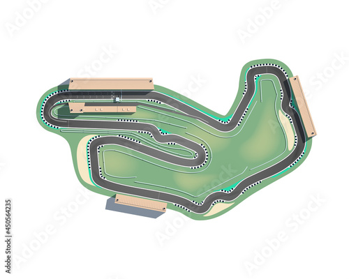 The top-down racing circuit is isolated on a white background. The racing track is including a pit lane, grandstands, boxes, and gravel safety zones. Vector illustration.