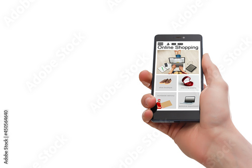 woman holding smartphone for online shopping on white background