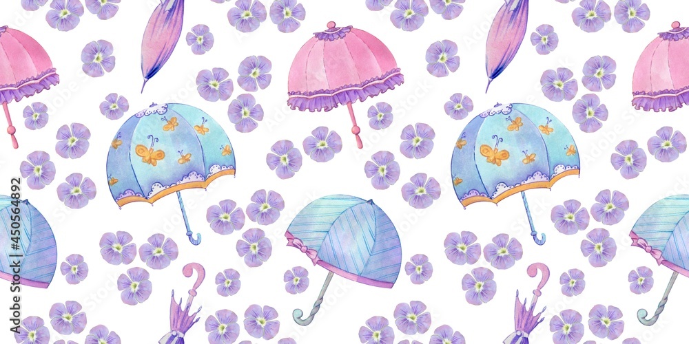 Cute cartoon umbrellas on a white background. Watercolor illustration for textiles, paper, canvas. Seamless pattern, background. Cute cartoon umbrellas on a white background. Watercolor illustration for textiles, paper, canvas. Seamless pattern, background.