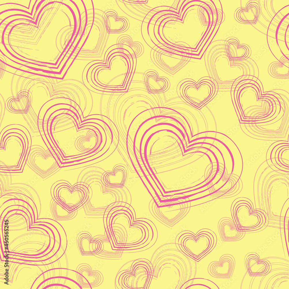 Seamless background. Pink hearts on a yellow background. 
