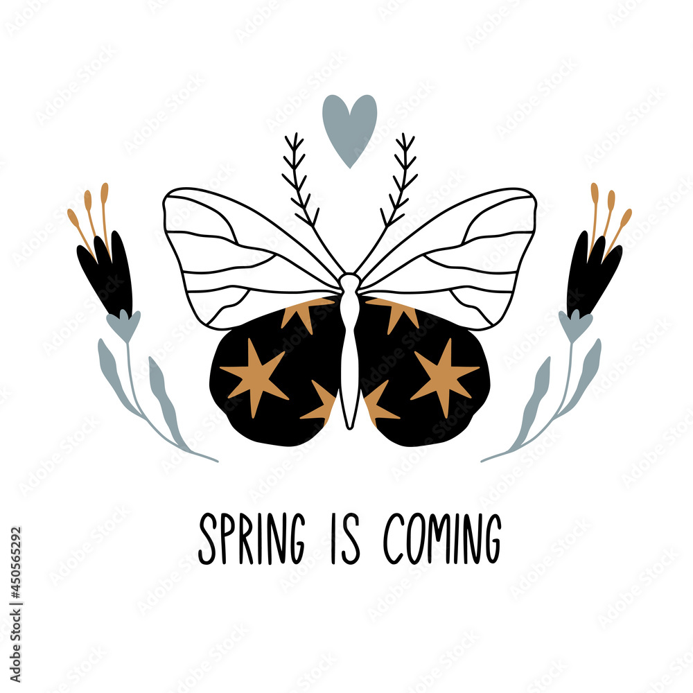 Spring is coming. Card, poster with butterfly Spring is coming. Card, poster with butterfly