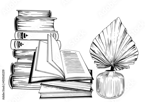 Book stack and boho vase arrangement. Black and white illustration. Hand drawn vector isolated on white background.