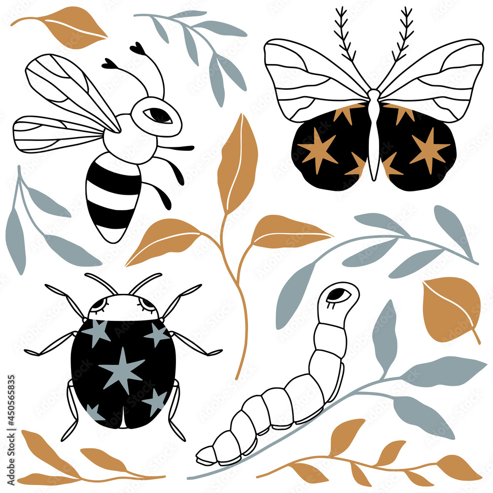 Obraz premium Set with cute cartoon doodle insects and leaves