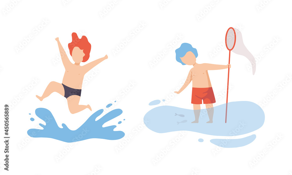 Boy Having Vacation at Sea Splashing in Water and Catching Fish with Net Vector Set