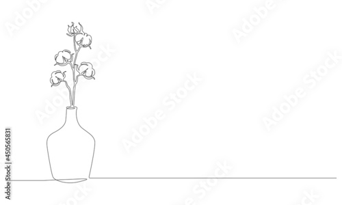 Continuous one line drawing of beautiful cotton flowers in glass vase. Stylish bloom plant for interior design in linear style isolated on white background. Vector illustration.