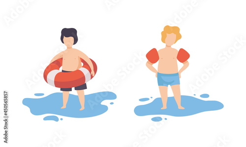 Boy Having Vacation at Sea with Rubber Ring and Armbands Vector Set