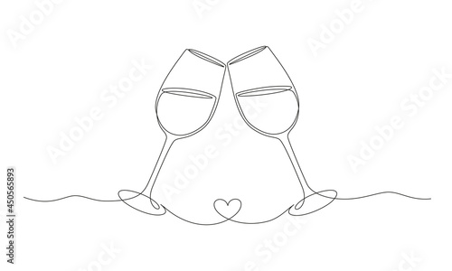 Continuous one line drawing of cheers two glasses. Romantic toast concept with heart shape in linear style isolated on white background. Vector illustration