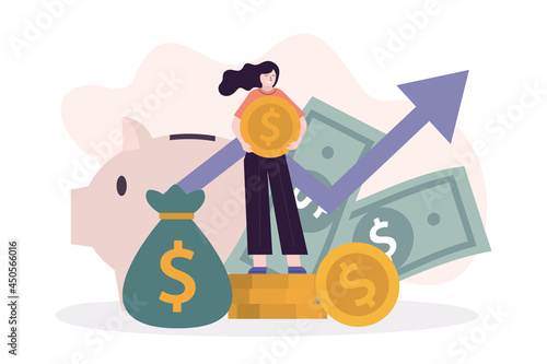 Business woman with gold coin invest money. Employee investing and saving cash. Girl save or hoard currency. Concept of investment, finance management