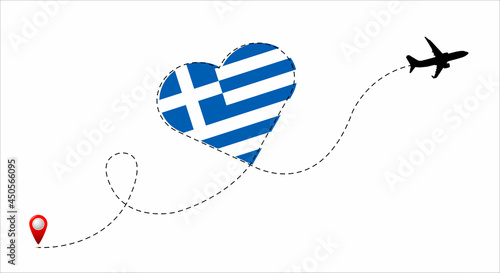Airplane flight route with Greece flag inside the heart. Travel to your favorite country.