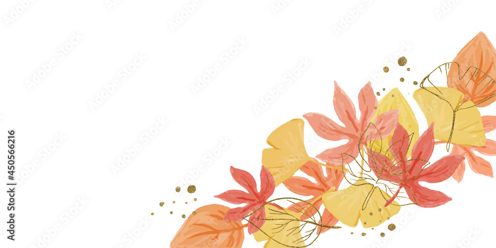 水彩風 紅葉とメタルラインの素材ベクターイラスト コーナーフレーム 飾り枠 Stock Vector Adobe Stock