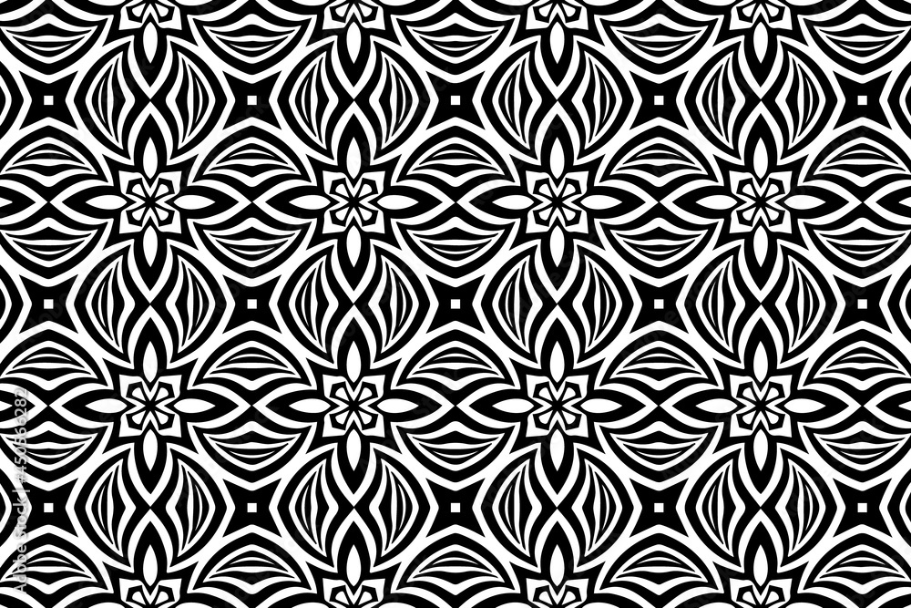 Ethnic pattern, geometric background. Original ornament in the style of optical illusion. Black white template for creativity, coloring, design Ethnic pattern, geometric background. Original ornament in the style of optical illusion. Black white template for creativity, coloring, design