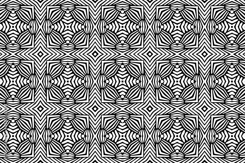 Ethnic pattern, geometric background. Abstract ornament in the style of optical illusion. Black white template for creativity, coloring, design. Ethnic pattern, geometric background. Abstract ornament in the style of optical illusion. Black white template for creativity, coloring, design.