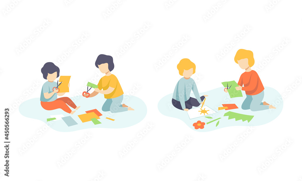Creative Boy Sitting on the Floor and Making Applique Cutting Shapes from Paper Vector Set Creative Boy Sitting on the Floor and Making Applique Cutting Shapes from Paper Vector Set