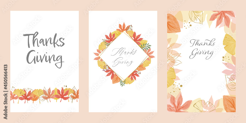 水彩風 紅葉のメッセージカードテンプレート3点セット Thanksgiving Stock Vector Adobe Stock