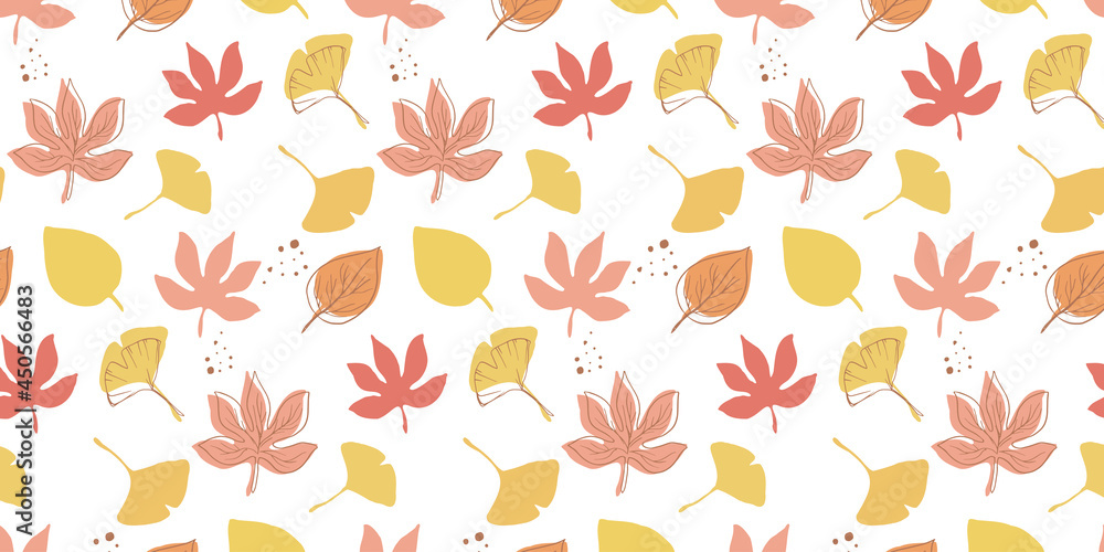 秋の植物　紅葉　シンプルなシルエットと線画のシームレスパターン