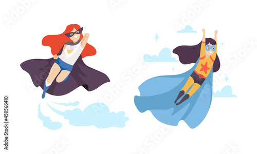 Little Girl in Superhero Cloak and Mask Having Superpower Flying Vector Set