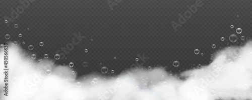 Realistic background with bath soap foam and bubble. Soapy water froth. Shampoo, laundry detergent or hygiene product sud 3d vector closeup