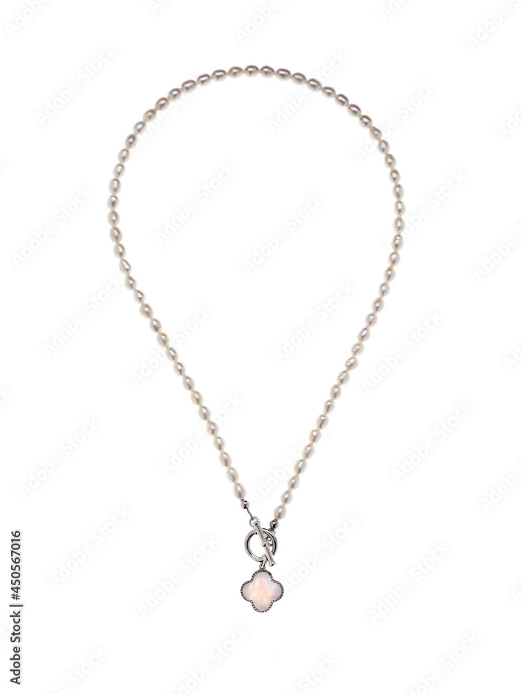 Luxury elegant baroque pearl silver necklace with pendant isolated on white background