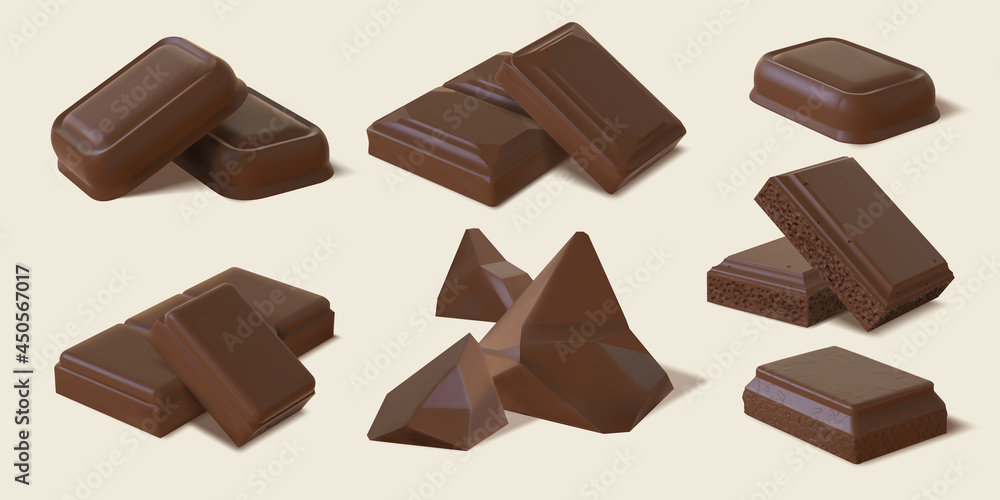 Realistic dark and milk chocolate bar pieces and chunks. 3d bitter cocoa candy, sweet brown bubble chocolate block. Snack dessert vector set Realistic dark and milk chocolate bar pieces and chunks. 3d bitter cocoa candy, sweet brown bubble chocolate block. Snack dessert vector set