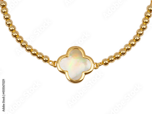 Luxury elegant golden necklace with baroque pearl pendant isolated on white background