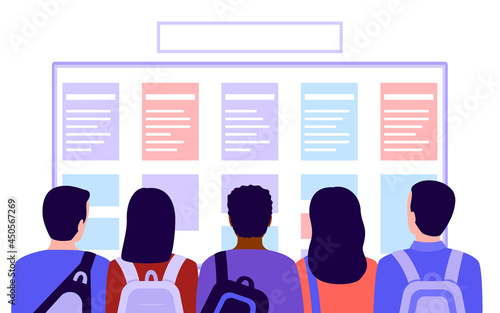 Group of people students with bags looks at list, plan, schedule or training course in school, back view. Meeting of young men and women before education. Vector illustration