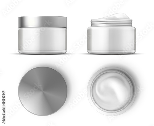 Cosmetic cream in white jar top and front views mockup. Realistic skin care product package. Round open container with cream gel vector set