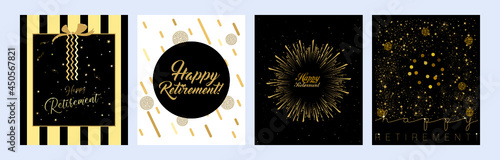 Vector illustration of Happy Retirement posters on a grey background with sparkles and confetti in flat design style