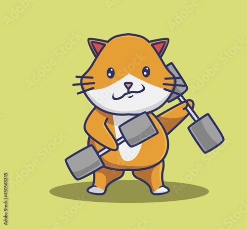 Cute strong cartoon animal baby kid cat lifting a weighted dumbbell for bodybuilding at gym. Isolated Flat Style Icon illustration Premium Vector Logo Sticker Mascot
