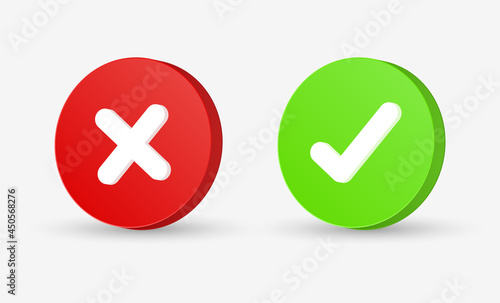 3d check mark icon button - correct and incorrect sign or green tick and red cross 