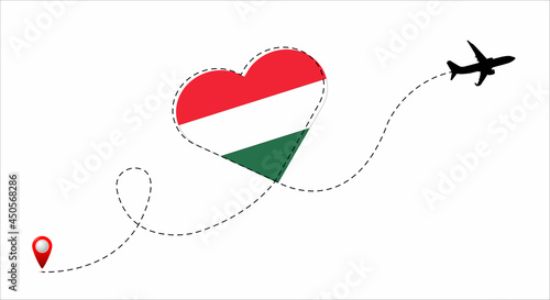 Airplane flight route with Hungary flag inside the heart. Travel to your favorite country. Vector flat illustration.