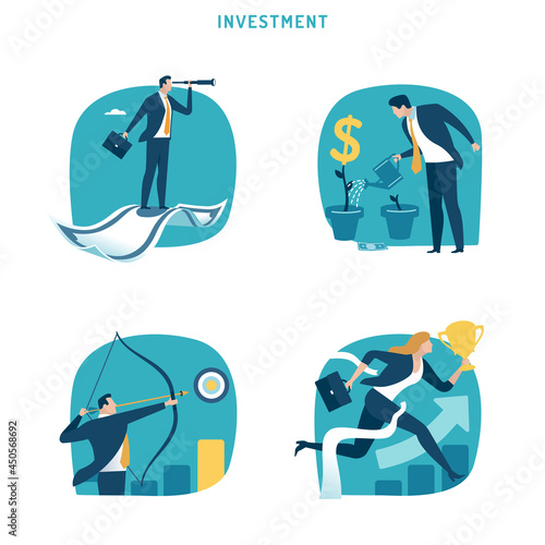 Investor. Money. Growth. Set of business vector illustration.