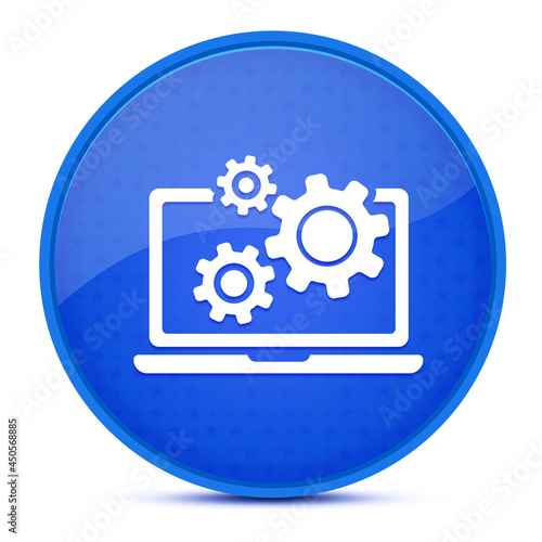 Obraz na plátně Laptop and gears aesthetic glossy blue round button abstract