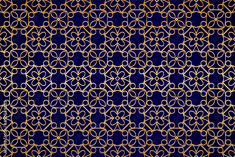 3d volumetric convex embossed geometric dark blue background with ethnic abstract gold pattern. Oriental, Asian, Indian ornament in the style of openwork arabesque for design and decoration.