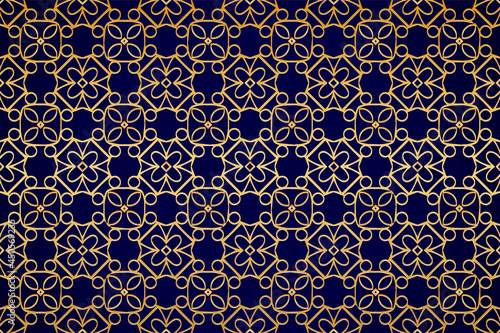 3d volumetric convex embossed geometric dark blue background with ethnic abstract gold pattern. Oriental  Asian  Indian ornament in the style of openwork arabesque for design and decoration.