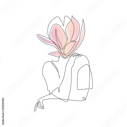 One continuous line Drawing of Abstract woman body with flower. Modern elegance female portrait with magnolia head in linear style. Vector Botanical print