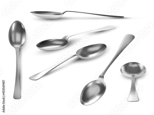 Realistic spoon views. 3D metal table utensil. Steel teaspoon top, angles and side view. Silver spoons for coffee, tea or dessert vector set