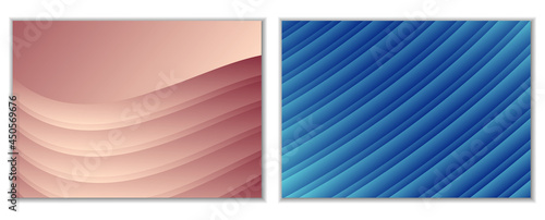 Abstract gradient waves background and folds. A set of 2 templates. 3D illustration in gentle pastel colors. Vector