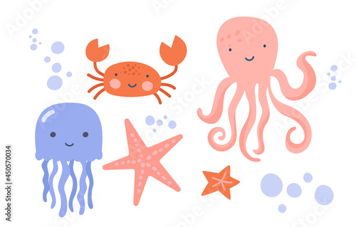Set of smiling sea creatures on white background. Crab, octopus, squid, and starfish swimming together in ocean. Flat cartoon vector illustration