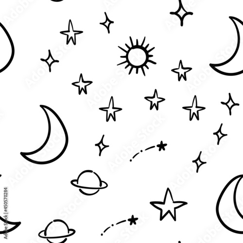 Stars  planets and moons seamless pattern. Hand drawn sky element doodles. Background texture. Space  universe and cosmos.