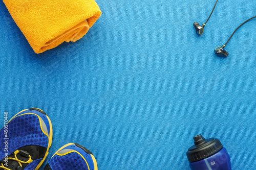 Concept healthy lifestyle, sport and diet. Top view, text space. Athlete's set.  Flat lay composition. Sports unisex, male and female fitness.