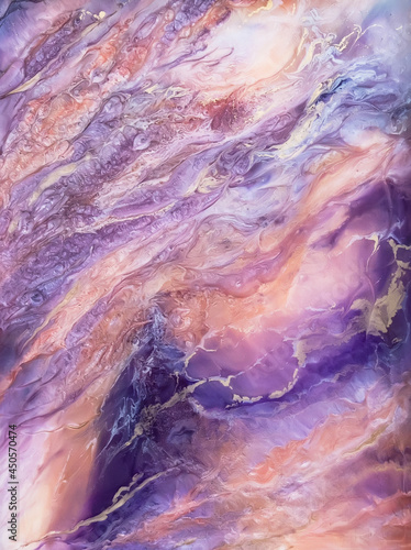 Handmade resin art background in purple color. Phone wallpaper in cosmic style epoxy art. Modern interior wallpaper with marble texture imitation. Abstract natural pattern. Handmade courses back