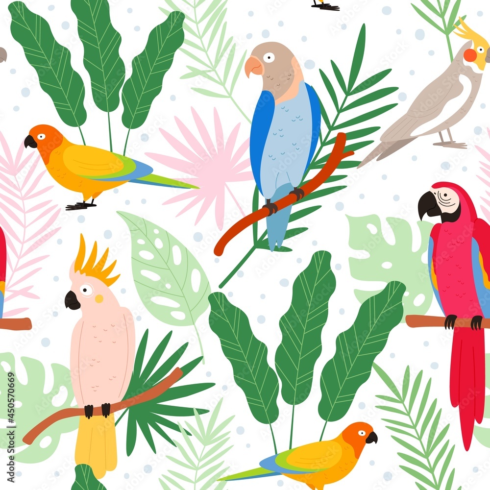 Colorful cartoon exotic parrots and tropical leaves seamless pattern. Cockatoo, macaw, colombia paradise bird. Flat wild parrot vector print
