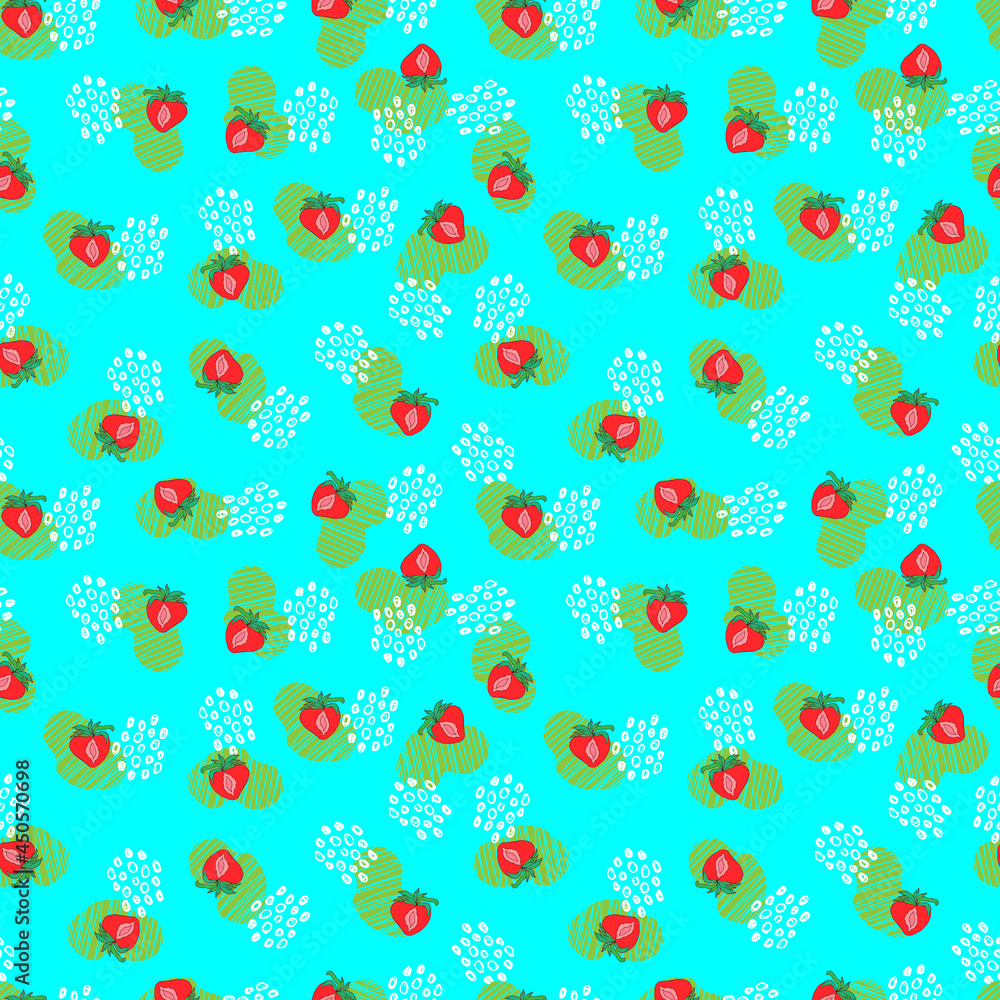 strawberry berry vector seamless pattern with dots and abstract spots on background