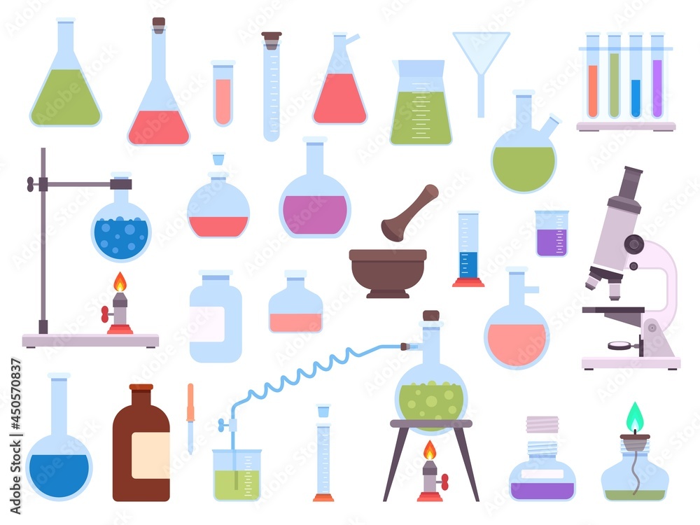 Flat chemistry laboratory glassware equipment for science experiment. Medical lab beaker, test tube, microscope, burner and flask vector set Flat chemistry laboratory glassware equipment for science experiment. Medical lab beaker, test tube, microscope, burner and flask vector set