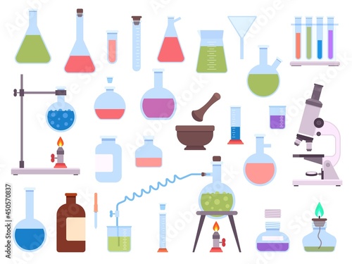 Flat chemistry laboratory glassware equipment for science experiment. Medical lab beaker, test tube, microscope, burner and flask vector set