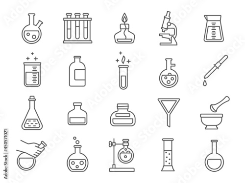 Chemistry or science research laboratory equipment line icons. Pharmacy lab glassware, beakers, test tubes and flasks pictograms vector set