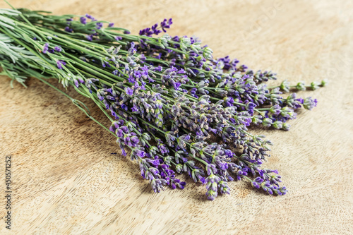 fresh lavender bouquet on wooden background  copy space