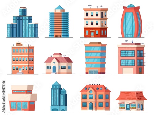 Cartoon office city buildings, skyscraper and downtown apartment house. Real estate, business tower, shop and cafe building. Town vector set