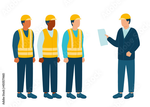 Build industry architect, engineer communicate with workers contractor, builder in helmet, discuss new project, construction. Architecture and real estate. Contact on building. Vector illustration